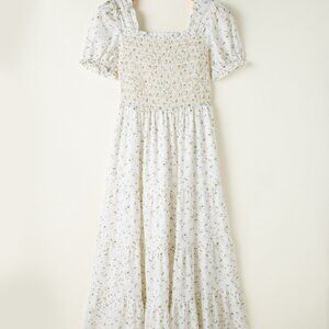 White Frilly Shirred Bodice Tiered Floral Maxi Dress